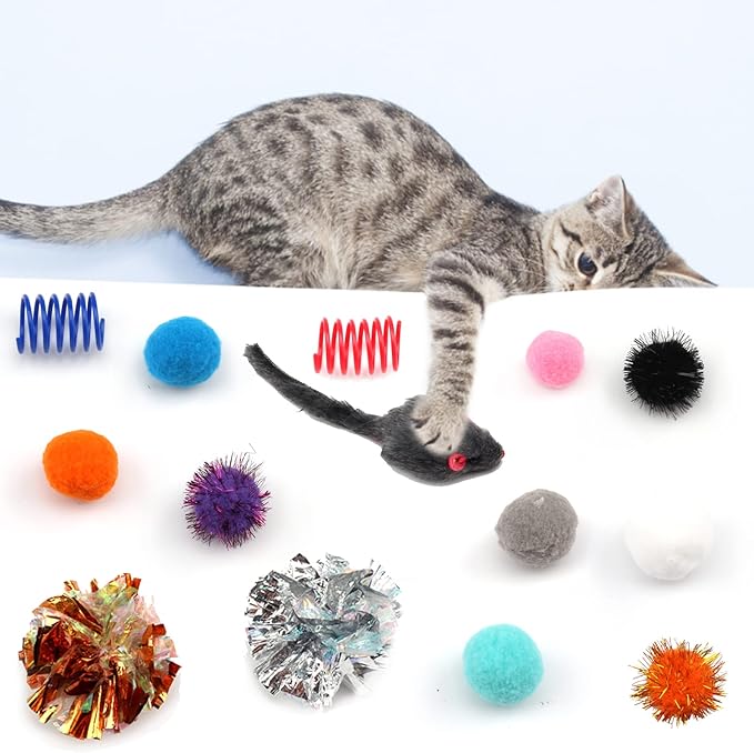 60 Pack Cat Toys - Assorted Kitten, Mouse, Crinkle & Pom Pom Balls-PurrikoPets