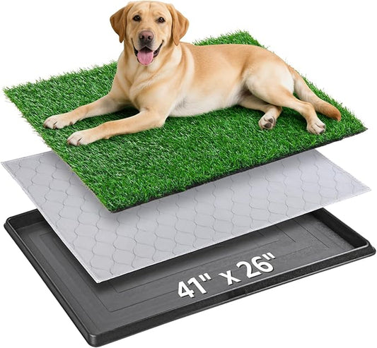 Dog Grass Large Patch Potty Tray, Dog Litter Box, Artificial Grass Mat Bathroom Turf for Pet Training, Washable Puppy Pee Pad, Perfect Indoor/Outdoor Portable Potty Pet Loo (Tray 41''x26'')-PurrikoPets