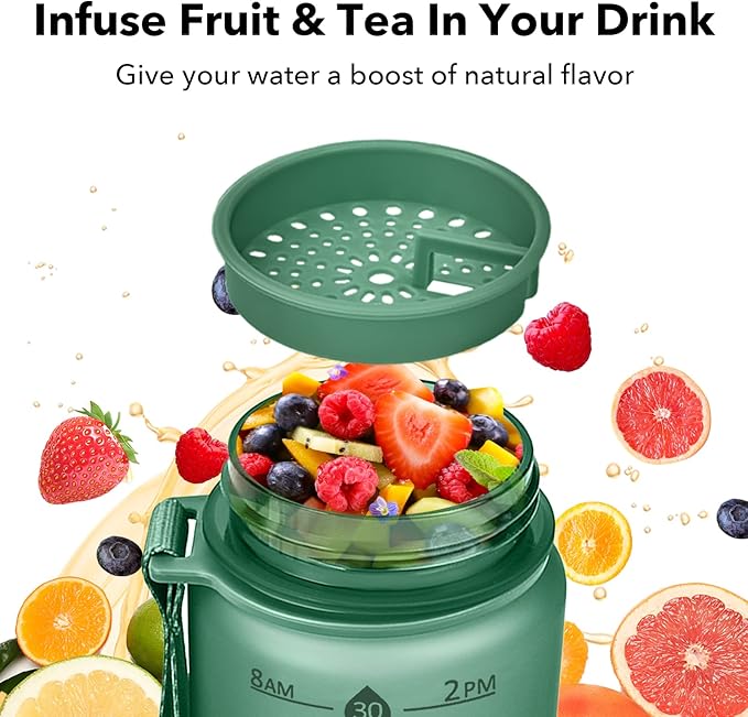 32oz Motivational Water Bottles with Time Marker & Fruit Strainer, Transparent Gradient Color Water Bottle with Times to Drink, Leakproof & BPA Free, Reusable Bottle with Strap (No Straw)-PurrikoPets