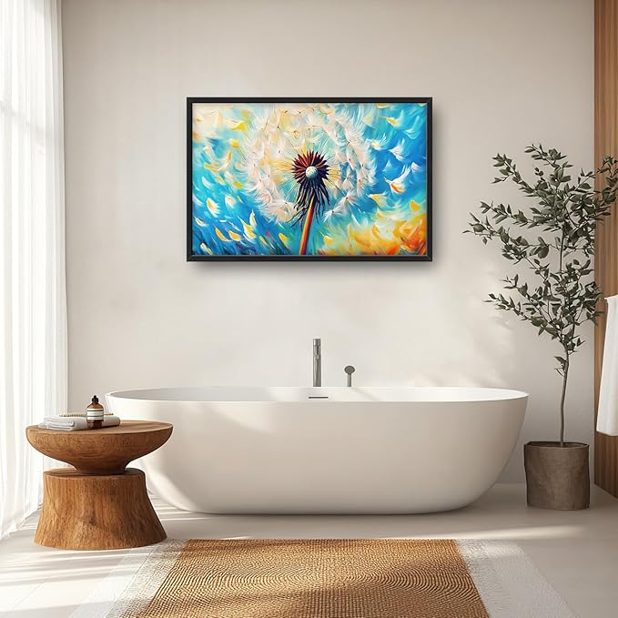 Extra Large Abstract Dandelion Framed Wall Art for Living Room,Oversized Colorful Dandelion Flower Pictures Wall Decor,Blue Canvas Print Painting Modern Artwork Bedroom Office Bathroom 36L" x 24W"-PurrikoPets