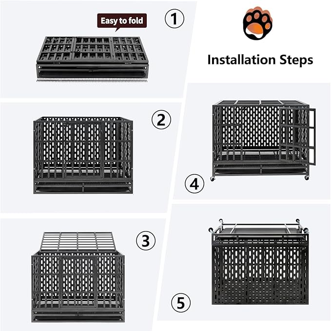 48/42 Inch Heavy Duty Indestructible Dog Crate Steel Escape Proof, Indoor Double Door High Anxiety Cage, Kennel with Wheels, Removable Tray, Extra Large XL XXL-PurrikoPets