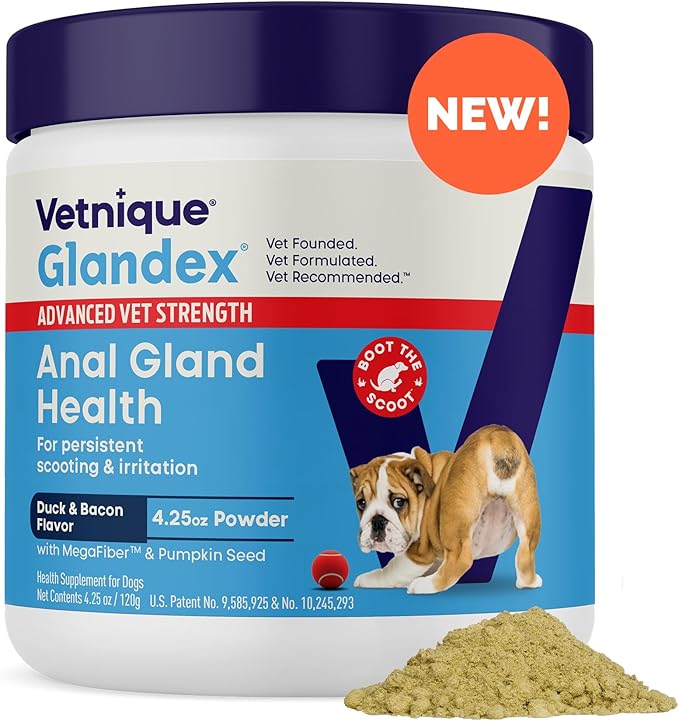 Glandex Dog Fiber Supplement Powder for Anal Glands with Pumpkin, Digestive Enzymes & Probiotics - (Regular or Advanced Strength) - Boot The Scoot (4.25 oz, Advanced Strength Duck & Bacon)-PurrikoPets