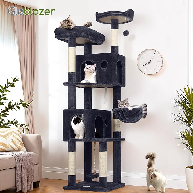 Globlazer Cat Tree, 70 inch Tall Scratching Tower Multi-Level Cat Condo for Indoor Multiple Cats with 2 Large Cat Caves, Top Perch, Large Platform, Bottom Swing, F70B, Dark Grey-PurrikoPets