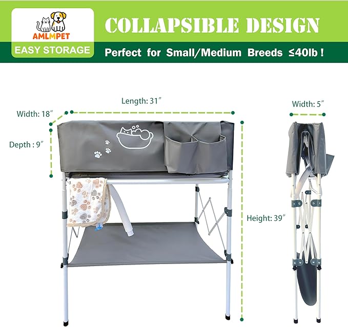 Elevated Dog Bathtub, Portable Dog Washing Station for Home with Towel Bar & Storage, Folding Pet Bath Tub for Small & Medium Dogs-PurrikoPets