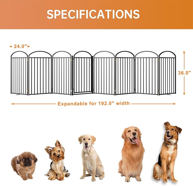 8 Panles Full Matel Freestanding Dog Gates with Door, 192"Extra Wide 36"Tall Free Standing Dog Pet Gate for Indoor & Outdoor. Foldable Pet Fences for Doorways, House, Stairs, Porch, Deck, Yard-PurrikoPets