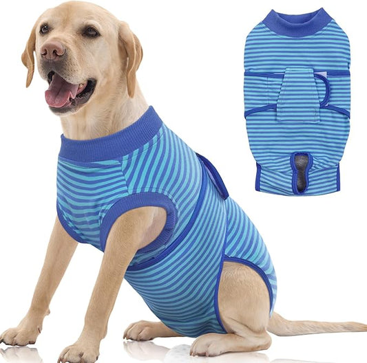 FUAMEY Recovery Suit for Dogs After Surgery,Soft Breathable Dog Bodysuit E-Collar & Cone Alternative Surgical Suit,Male Female Dog Neuter Spay Suits Anti Licking Wounds Onesie Navy Blue Strips XL-PurrikoPets