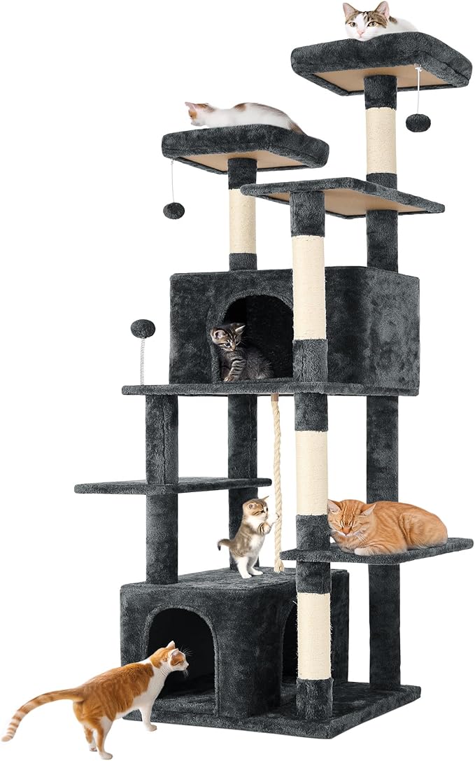 69in Large Cat Tree Tower for Indoor Cats with Soft Plush Hang Ball, Two Condos, Sisal Scratch Posts & Rope Play for Kittens/Adult Cats, Deep Grey-PurrikoPets