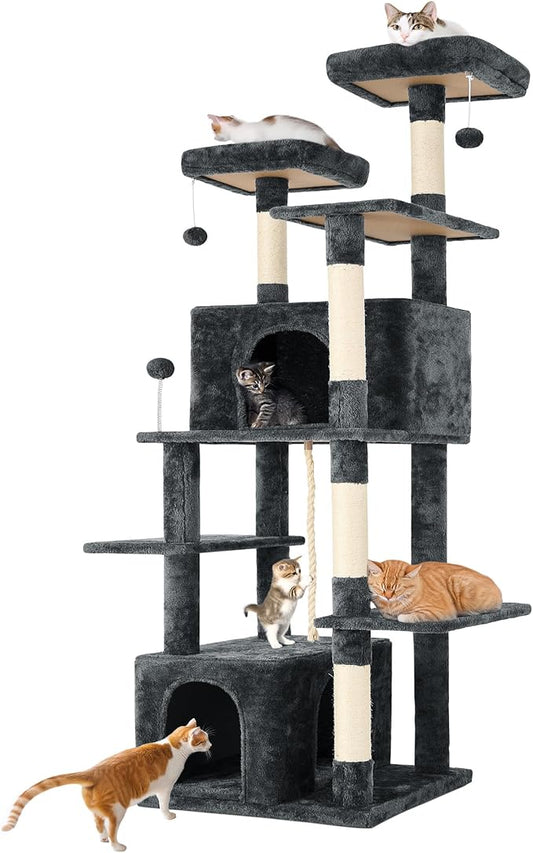 69in Large Cat Tree Tower for Indoor Cats with Soft Plush Hang Ball, Two Condos, Sisal Scratch Posts & Rope Play for Kittens/Adult Cats, Deep Grey-PurrikoPets