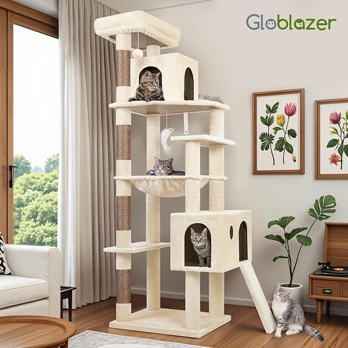 Globlazer Heavy Duty Cat Tree Tower, 70inch Sturdy Cat Tree for Indoor Cats Sturdy Large Cat Tower with Scratching Post and Scratching Board, Hammock, Cat Condo for Adult Cats Kittens, F70 Pro, Beige-PurrikoPets