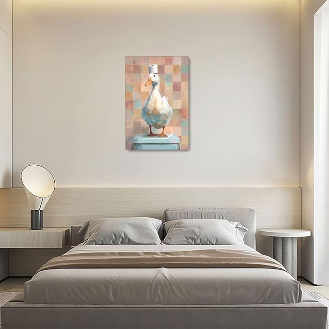 Funny Duck Bathroom Wall Art Cute Duck on Toilet Canvas Wall Decor Funny Quirky Farm Animal Pictures Painting Print Framed Artwork Decorations Gifts for Bathroom 16"x24"-PurrikoPets