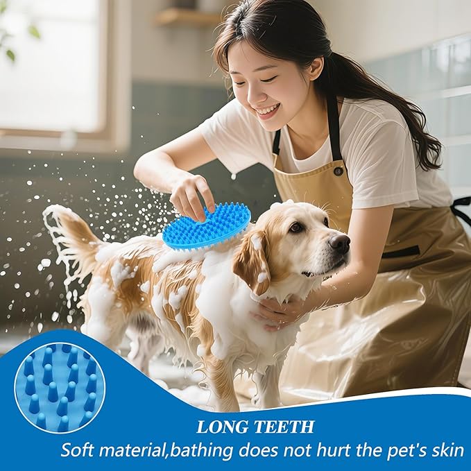Dog Grooming Brush, Lilpep Pet Shampoo Bath Brush Soothing Massage Rubber Comb with Adjustable Ring Handle for Long Short Haired Dogs and Cats (2 pale blue, 2 sided brush)-PurrikoPets