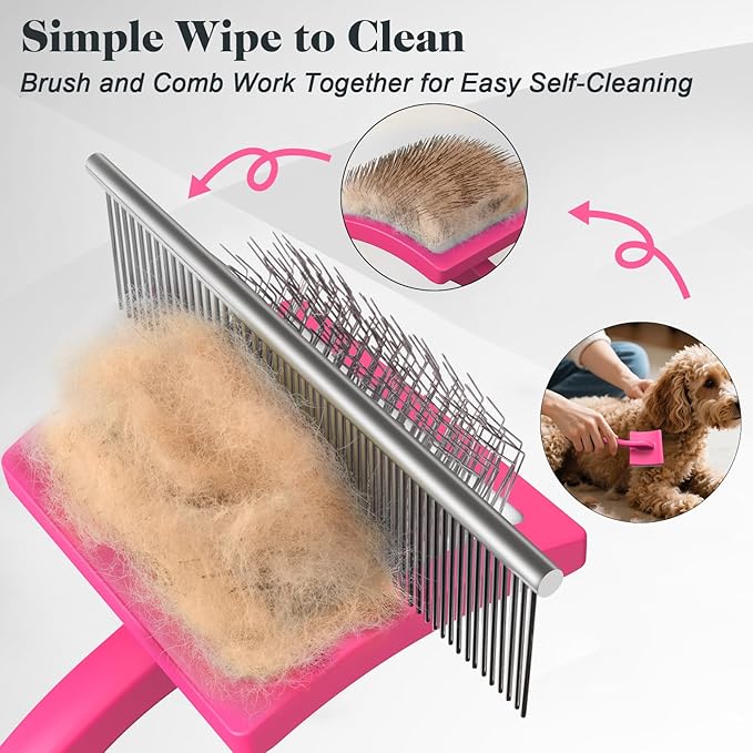2PCS Slicker Brush for Dogs & Pet Comb,Professional Dog Grooming Brush (Goldendoodles,Poodles,Labradoodles) with Extra Long Pins to Effectively Remove Tangles, Knots and Mats (Pink)-PurrikoPets