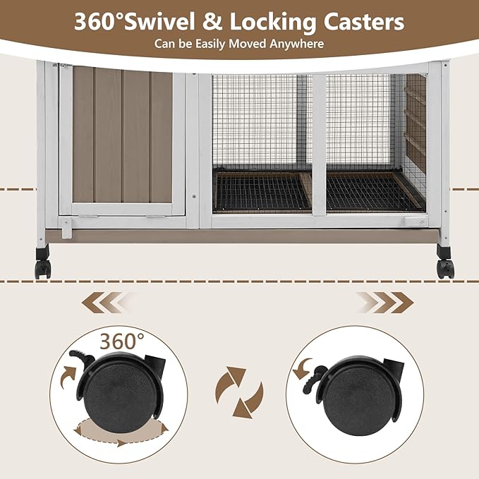 76''L Rabbit Hutch Outdoor Indoor with Wheels, Wooden 2 Story Bunny House Rabbit Cage with Run, Waterproof Roof, Pull Out Tray, Guinea Pig Cage Chicken Coop for Small to Medium Pets-PurrikoPets