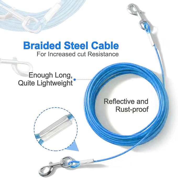 10FT Heavy Duty Dog Tie Out Cable for Large Dogs up to 125lbs, Durable Runner Tether Line (Blue)-PurrikoPets