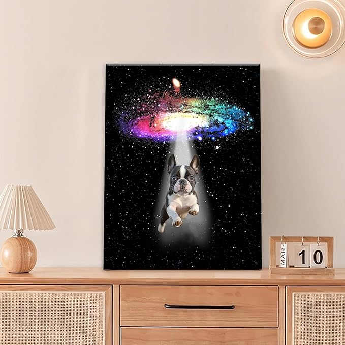 Funny Dog Wall Art Canvas Boston Terrier Wall Decor Prints Framed Painting Bulldog Galaxy Pictures Gifts Artwork for Bathroom 12"x16"-PurrikoPets