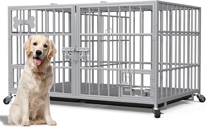 aboxoo 48/42 inch Heavy Duty Metal Dog Crate for 2 Dogs/Large Dog,All Metal Open Top,Dog Kennel Indoor with Wheels,Floor Grid, Tray, Divider and Feeding Bowl (Sliver)-PurrikoPets