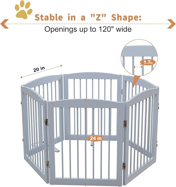 Freestanding Pet Gate for Dogs, Foldable Wooden Dog Gate for House, Extra Wide Indoor Pet Barrier for Stair, Doorway, Hall, Support Feet Included, 120 Inch Wide, 6 Panels 24", Grey-PurrikoPets