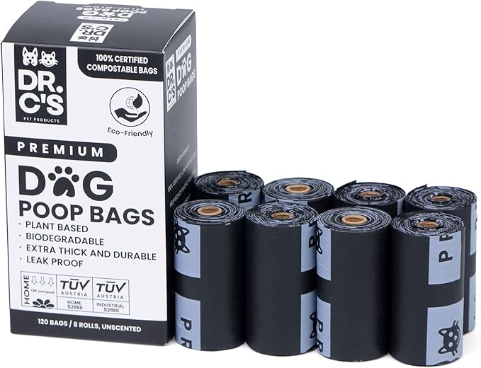100% Certified Compostable Dog Poop Bags - Dr. C's Premium Dog Poop Bags - 120 Bags / 8 Rolls, Extra thick, Leak Proof, Unscented, Plant Based and Earth Friendly-PurrikoPets