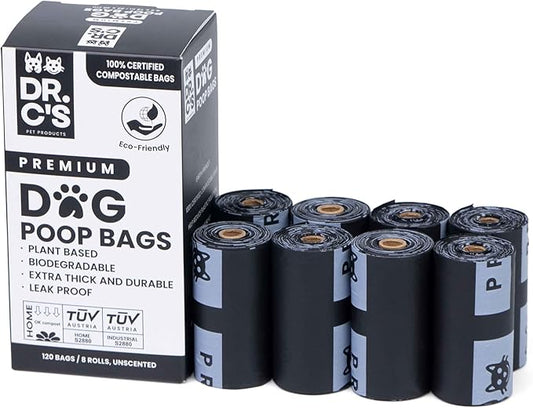 100% Certified Compostable Dog Poop Bags - Dr. C's Premium Dog Poop Bags - 120 Bags / 8 Rolls, Extra thick, Leak Proof, Unscented, Plant Based and Earth Friendly-PurrikoPets
