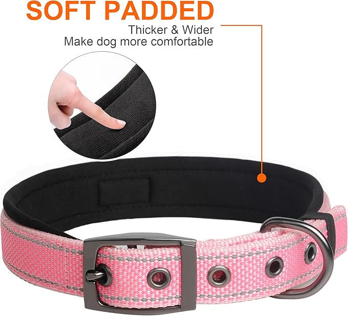Fida Heavy Duty Dog Collar, Ultra Comfortable Soft Neoprene Padded, Adjustable Reflective Nylon Pet Collar with Durable Metal Belt Buckle for Large Breeds (L, Pink)-PurrikoPets