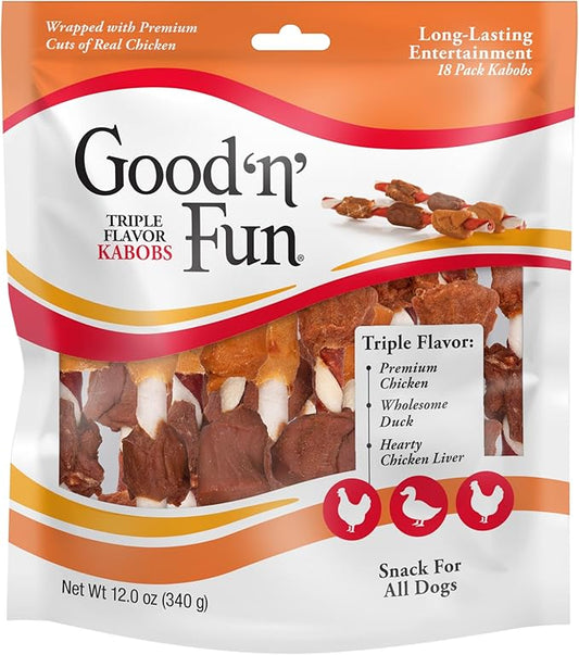Good ‘n’ Fun Triple Flavor Kabobs Chews for All Dogs, 18 Count, Treat Your Dog to Chews Made from Beef Hide, Real Chicken, Pork Hide, Duck and Chicken Liver-PurrikoPets