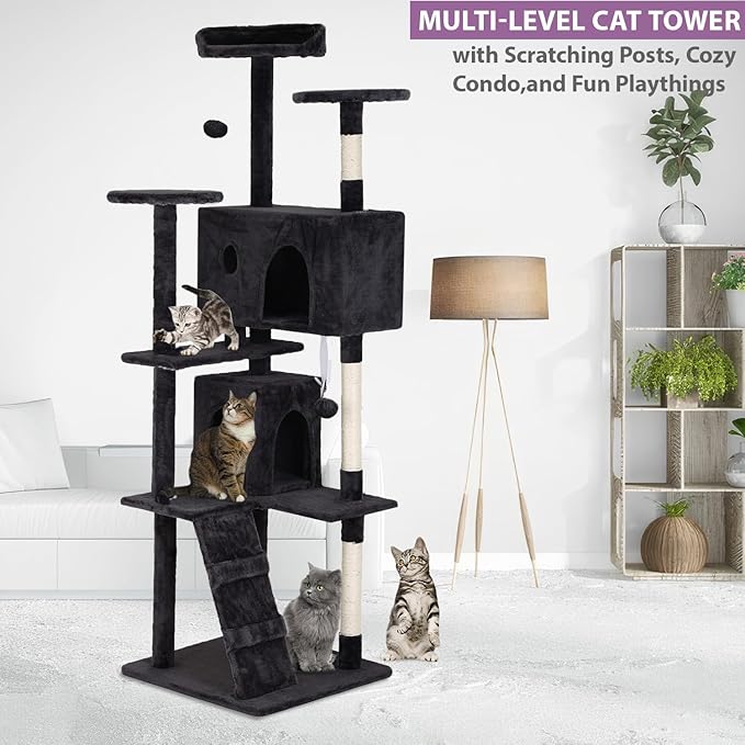 70 inches Cat Tower for Indoor Cats Multi-Level Cat Condos for XL Cat Tree Cat Climbing Tower with Scratching Posts, Hanging Toys,Dark Gray-PurrikoPets