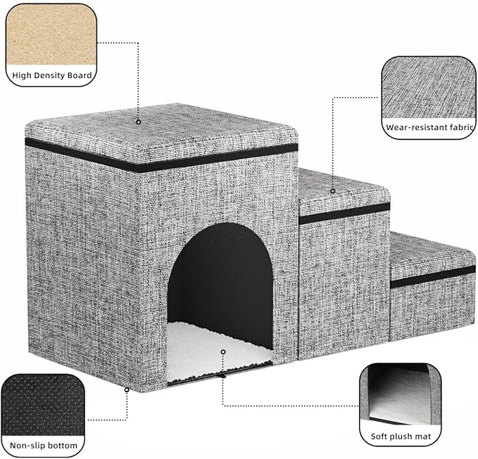 Dog Stairs with Storage, 3-Step Wider Dog Steps with Condo for Dogs and Cats, Pet Stairs for High Bed Climbing, Grey-PurrikoPets