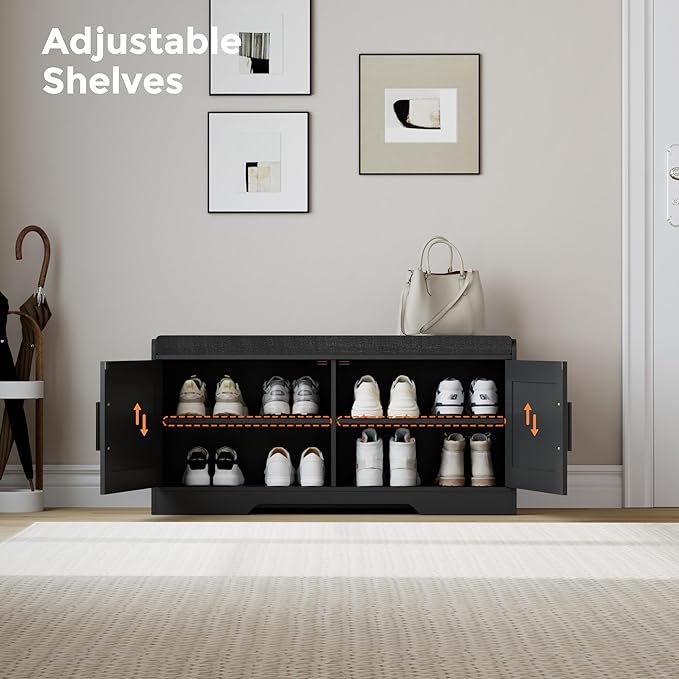 2-Tier Storage Bench, Shoe Bench with Thickened Padded Seat Cushion, Entryway Bench with 2 Doors, Adjustable Shelf, 13.8" D x 37.4" W x 18.5" H, for Entryway, Living Room, Bedroom, Black-PurrikoPets