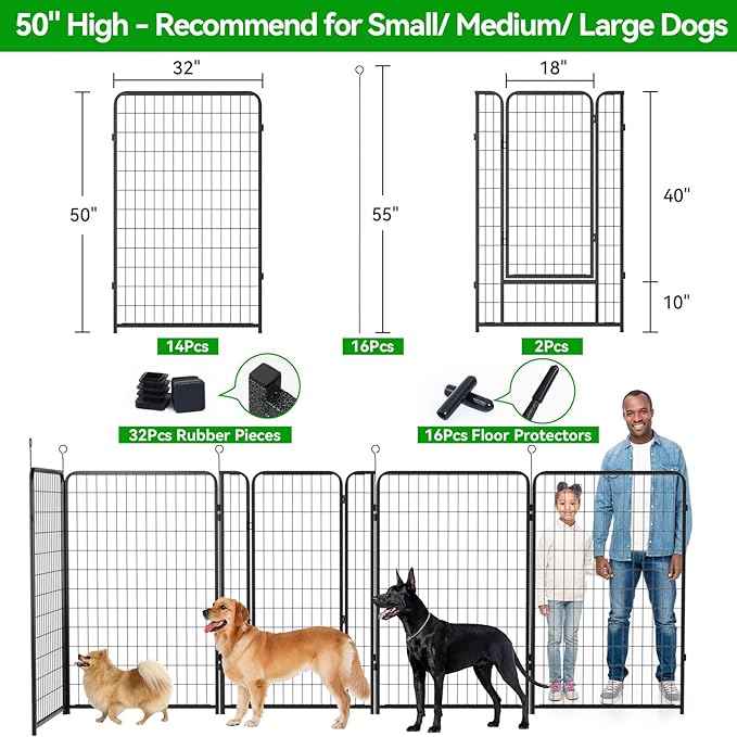 Dog Playpen Outdoor Extra Wide 16 Panels Heavy Duty Dog Fence 50" Height Anti-Rust with Doors Portable for RV Camping Yard, Total 42FT, 140 Sq.ft, Snowy Black-PurrikoPets