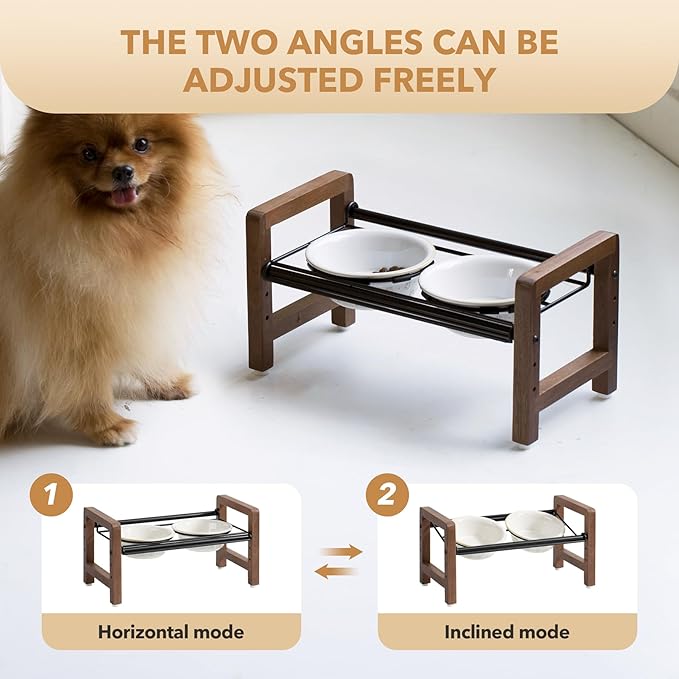 5.5inch Ceramic Adjustable Raised Double Bowls Set with Stand, 3 Heights Elevated, 2 Placement Options,Food and Water Dishes for Puppy, Cats（Double Bowls+Stand, Reactived Glaze -White-PurrikoPets