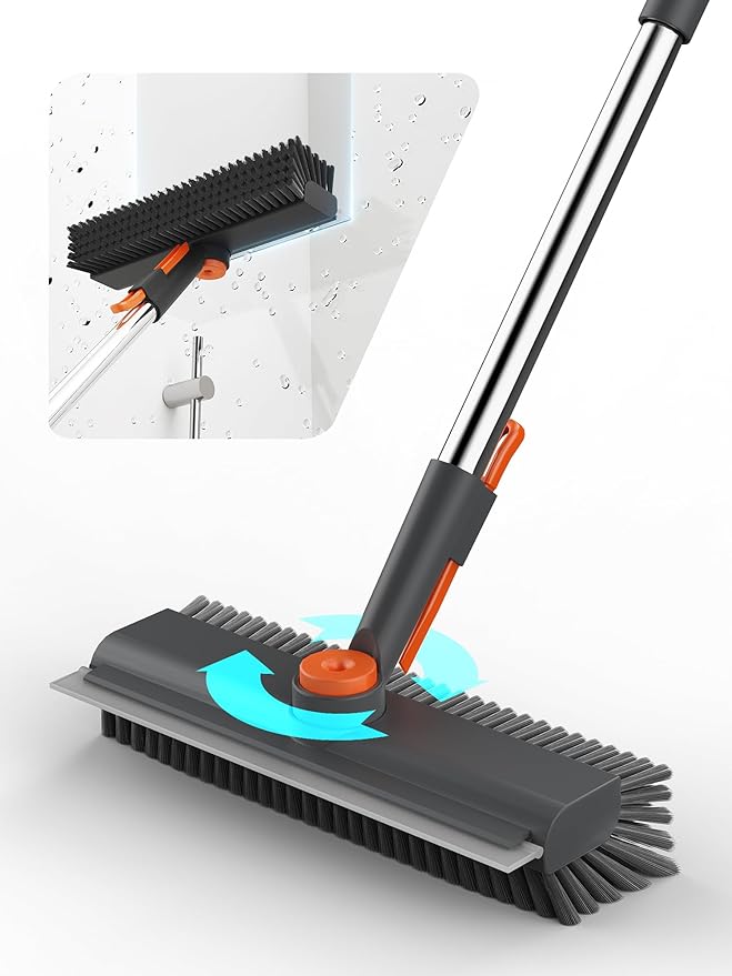 Floor Scrub Brush with Long Handle, 3 in 1 Multi-angle Swivel Right Angled Bristle Floor Scrubber Brush with Squeegee and Tweezer for Cleaning Tile Wall Deck Bathroom Patio Garage Kitchen (Grey)-PurrikoPets