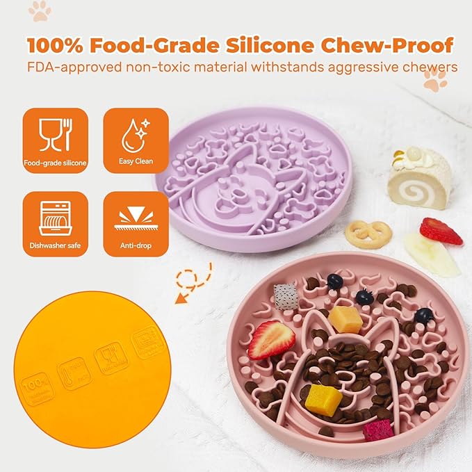 Dog Slow Feeder Bowl, Silicone Dog Bowl, Non-Slip Suction Cups Design,Boring and Anxiety Reducer.(Light Purple)-PurrikoPets