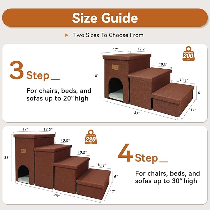 Dog Stairs with Condo 18" H, 3-Step Wider Dog Steps for High Beds Couch, Folding Storage Pet Stairs Gift for Small/Medium/Large Old Dogs Cats, Ramp for Climbing Car Up to 200 lbs, Brown-PurrikoPets