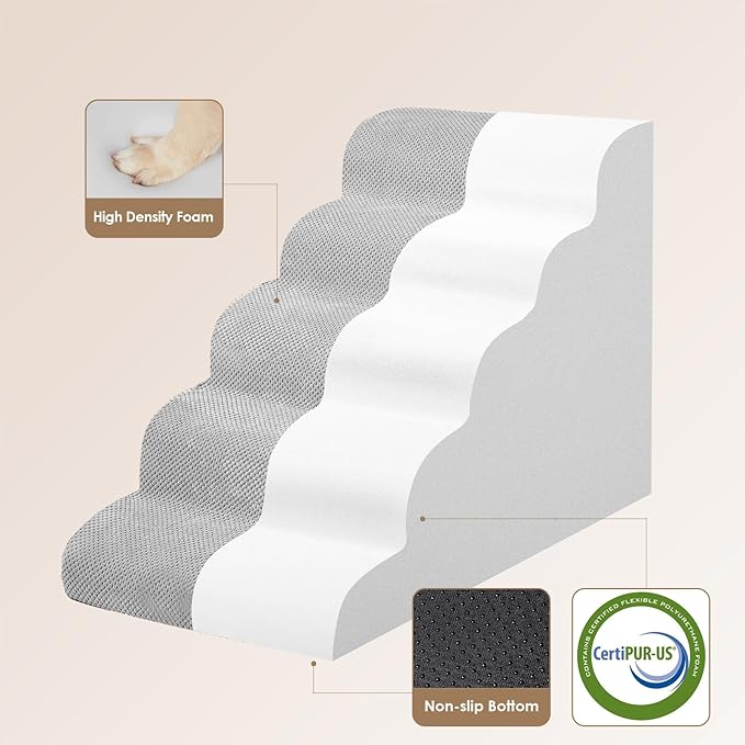 EHEYCIGA Curved Dog Stairs Ramp for High Beds, 5-Step Extra Wide Dog Steps for Small Dogs and Cats, Pet Stairs for High Bed Climbing, Non-Slip Balanced Pet Step Indoor, Light Grey-PurrikoPets