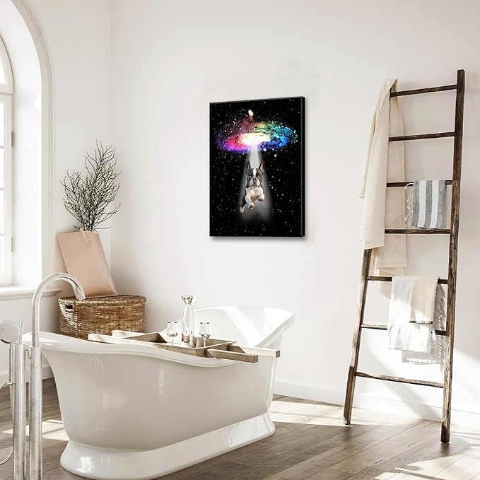 Funny Dog Wall Art Canvas Boston Terrier Wall Decor Prints Framed Painting Bulldog Galaxy Pictures Gifts Artwork for Bathroom 16"x24"-PurrikoPets