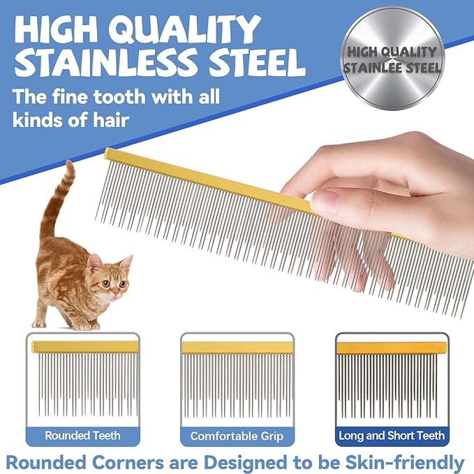 8.5 Inch Dual Tooth Pet Comb for Mats and Tangles，Professional Grooming Comb Removing Excess Hair for Long-Haired Cats and Dog Kit,Prevent Undercoat, Excess Hair,Mats and Tangles,Pet Essential-PurrikoPets