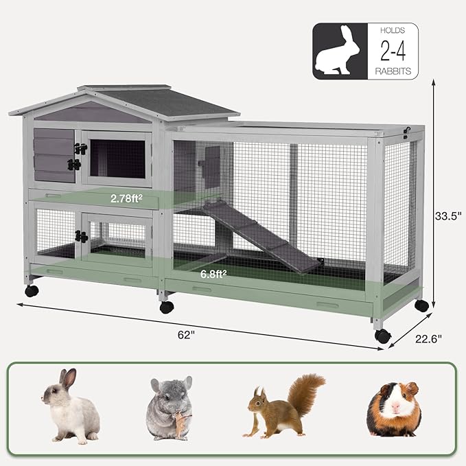 2-Story Indoor Rabbit Hutch with Chew-Proof Outdoor Rabbit Cage with 6 Locking Casters Bunny Cage 2 Pull-Out Trays Guinea Pigs Cage 62"-PurrikoPets