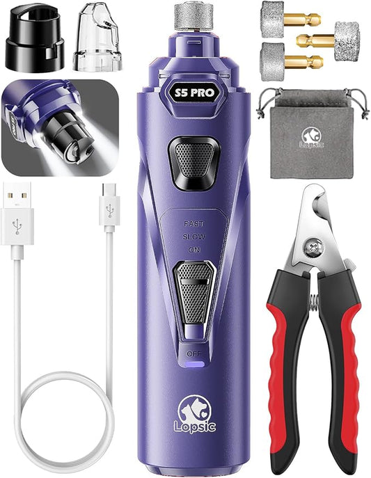 Dog Nail Grinder with 2 LED Lights Powerful 2 Speeds Super Quiet Dog Nail Trimmers with 3 Grinding Wheels Rechargeable Pet Dog Nail Clippers for Large Medium Puppy Dogs Dog Nail File Cat Nail Clipper-PurrikoPets
