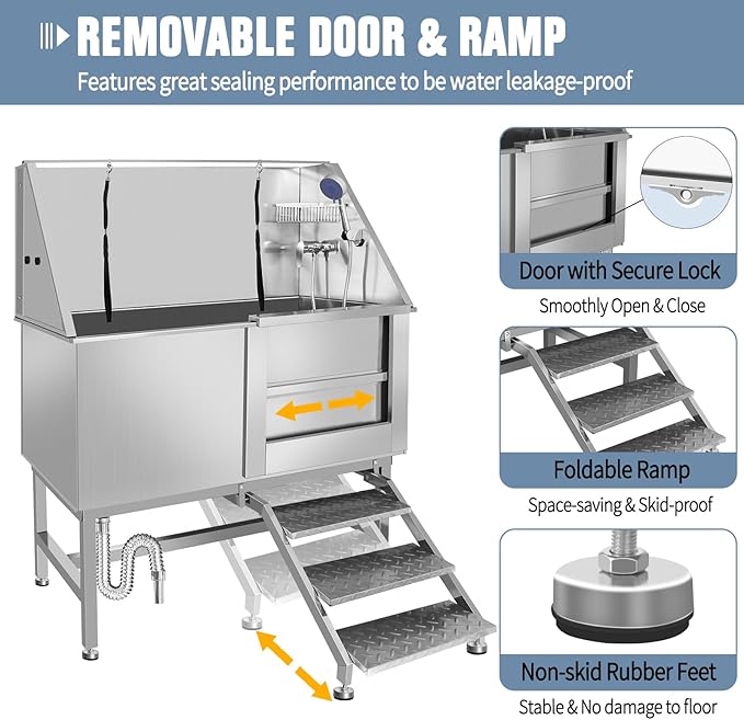 50" Pet Dog Bathing Station W/Stairs, Professional Stainless Steel Dog Grooming Tub W/Soap Box, Faucet,Rich Accessory, Dog Bathtub for Large,Medium,Small Pets, Washing Sink for Home (50" Right ramp)-PurrikoPets
