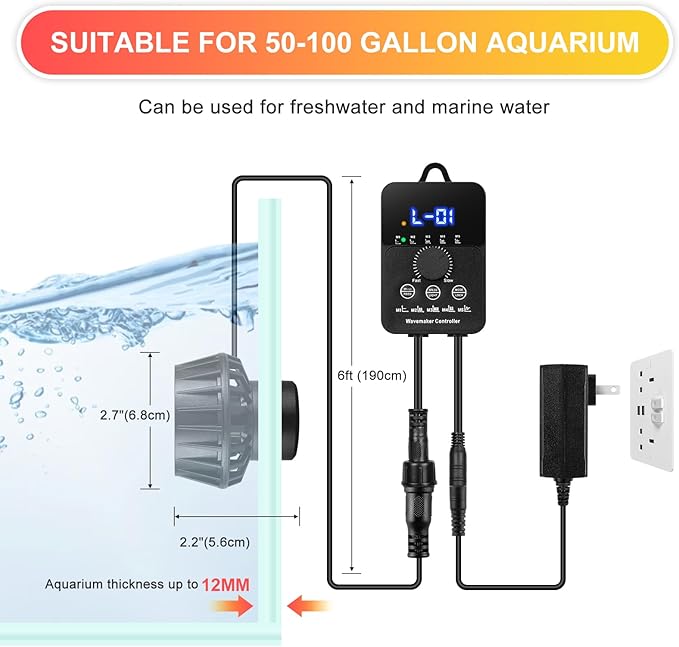 2100GPH Aquarium Wave Maker with Controller Mini DC 24V 12W Powerhead with Magnetic Mounting, Wavemaker with LED Display for 50 to 100 Gallon Tank-PurrikoPets
