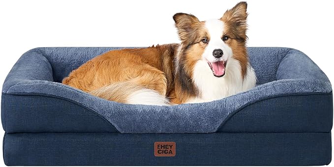 EHEYCIGA Memory Foam Dog Bed for Large Sized, Orthopedic Dog Sofa with Sides and Waterproof Liner, Washable Bolster Pet Couch with Removable Cover, 36x27x7 Inch, Navy-PurrikoPets