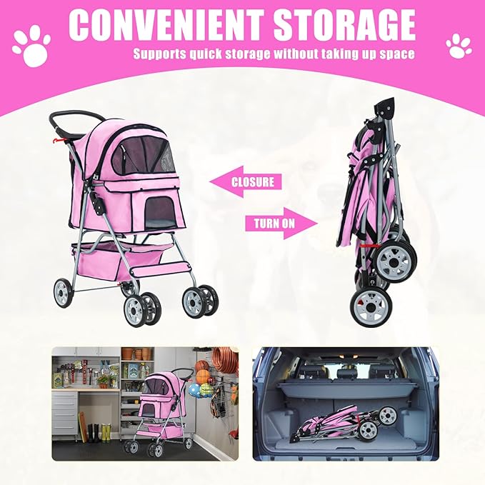 Dog Stroller, Folding 4 Wheels Pet Stroller for Small Medium Dog Cat Travel Carrier with Weather Cover Storage Basket Cup Holders Pink-PurrikoPets
