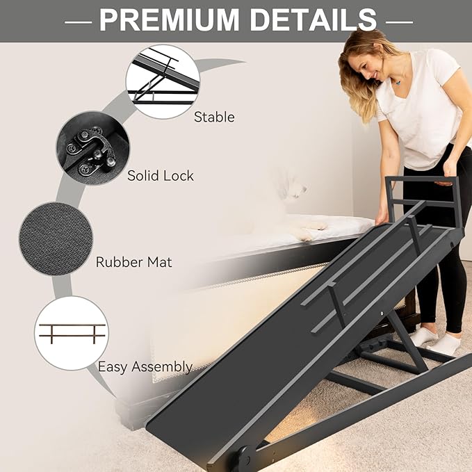 ABORON Dog Ramp,Adjustable Folding Pet Ramp for Bed,Couch,SUV - High Traction Portable Rubber Paw Ramps,Great for Small & Large Old Dogs & Cats, Supports up to 200 lbs,55''Long-PurrikoPets