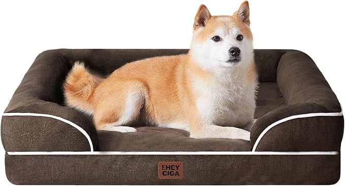 EHEYCIGA Orthopedic Dog Beds for Large Dogs, Waterproof Memory Foam Large Dog Bed with Sides, Non-Slip Bottom and Egg-Crate Foam Pet Couch Bed with Washable Removable Cover, Brown-PurrikoPets