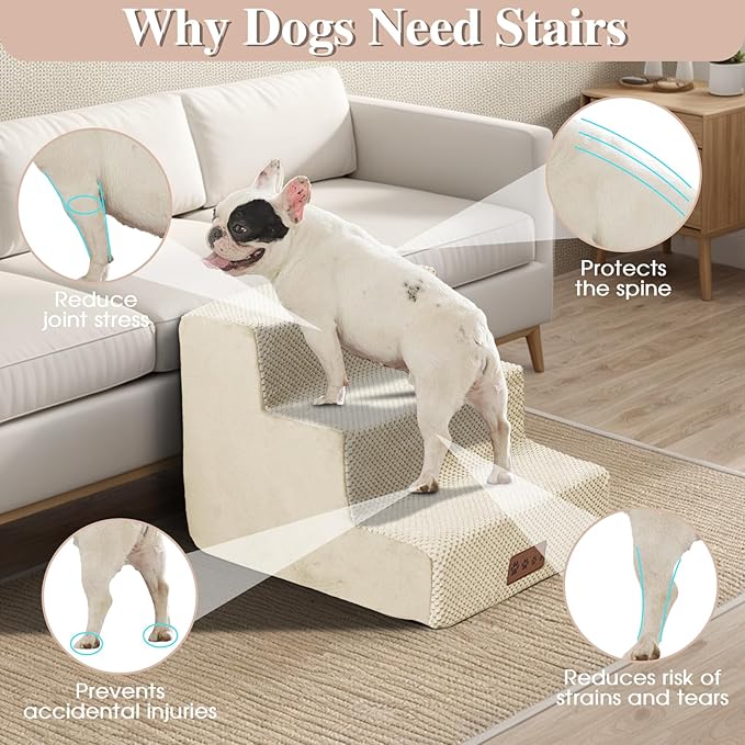 GGIB Dog Stairs for Small Dogs Pet Stairs for Sofa Couch Dog Ramp Pet Steps with Removable Washable Cover, Beige, 13" H, 3-Step-PurrikoPets