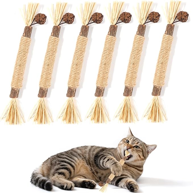 6 Pack Silvervine Cat Chew Toys, Natural Dental Sticks for Indoor Cats, Kittens Teeth Cleaning, Catnip Alternative, Interactive Play, Yellow-PurrikoPets