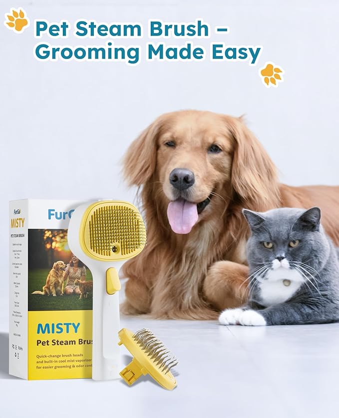 FURGO 3-in-1 Pet Steam Brush for Dogs & Cats – Reduces Static, Long-Pin Head for Long Hair, One-Click Release Button, Dog Spray Brush for Shedding Control (Long)-PurrikoPets