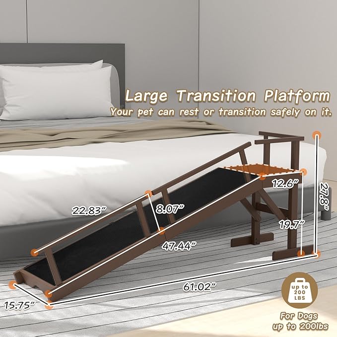 61" Dog Ramp for Bed, Pet Ramp with Removable Side Rail and Non-Slip Surface, Pet Ramp for Small & Large & Senior Dogs with Rest Platform and DIY Glow Strips,Dog Stairs for Couch, Brown-PurrikoPets