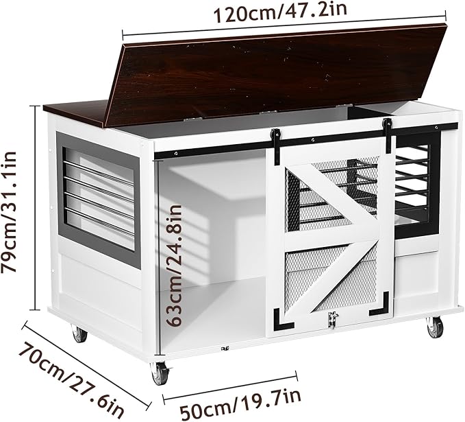 47 inch XL Dog Crate Furniture with Top-Access Teasing/Feeding Doors, Farmhouse Wooden Decorative Dog Crates with Wheels, Chew-Resistant Dog Crates End Table for Medium&Large Dogs, White-PurrikoPets
