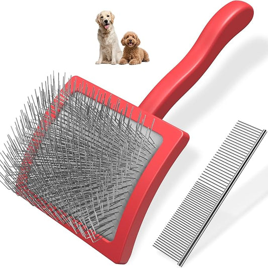 2PCS Slicker Brush for Dogs & Pet Comb,Professional Dog Grooming Brush (Goldendoodles,Poodles,Labradoodles) with Extra Long Pins to Effectively Remove Tangles, Knots and Mats (Red)-PurrikoPets